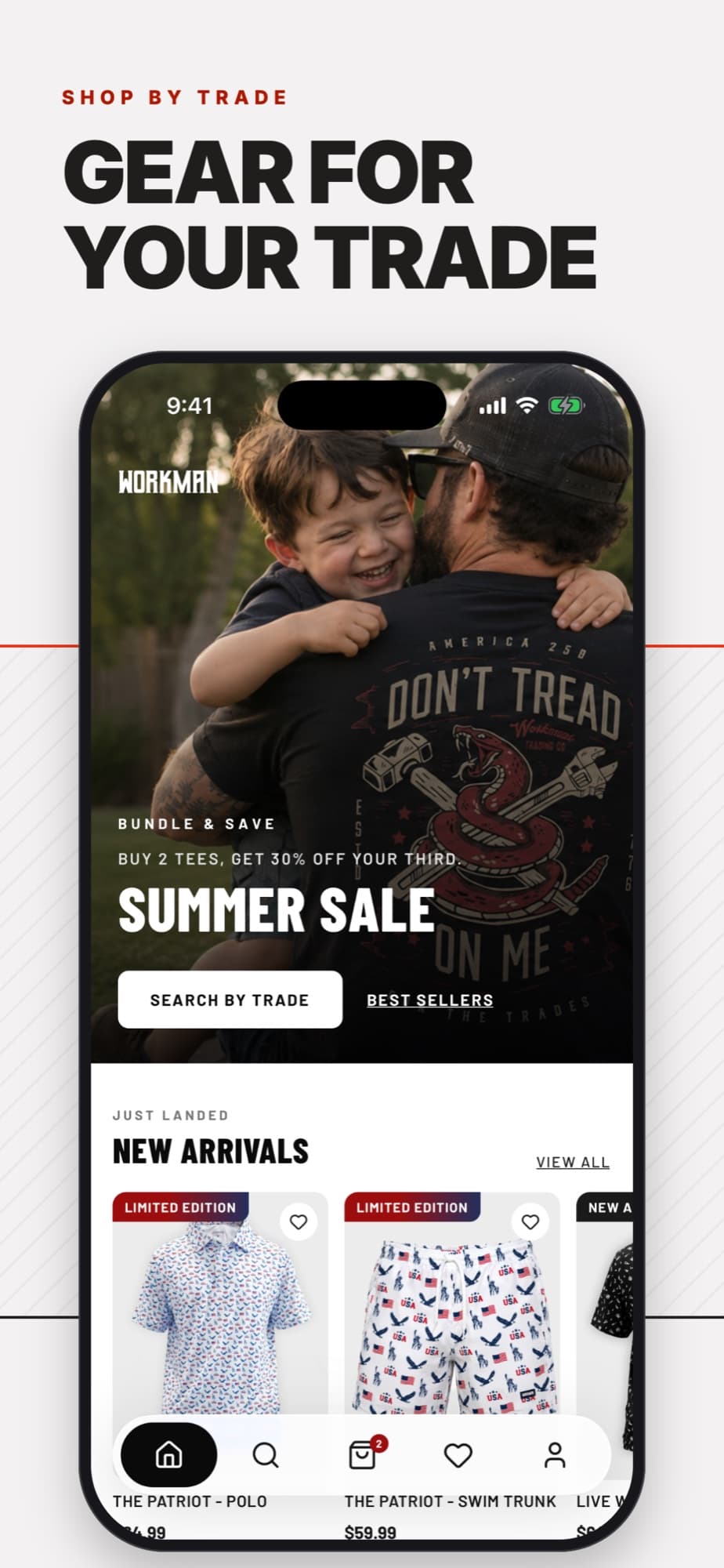 Gear for your trade: the app home screen with the summer sale banner and new arrivals.