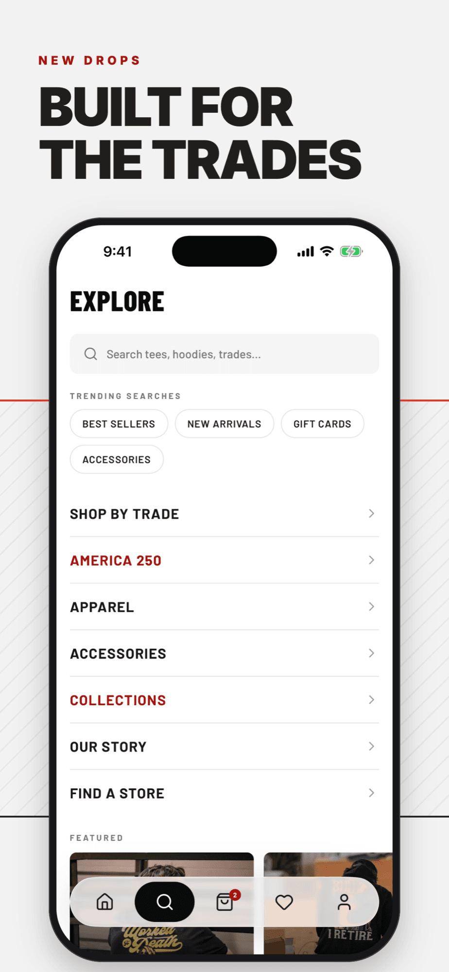 Built for the trades: the Explore tab with search, shop by trade, and collections.