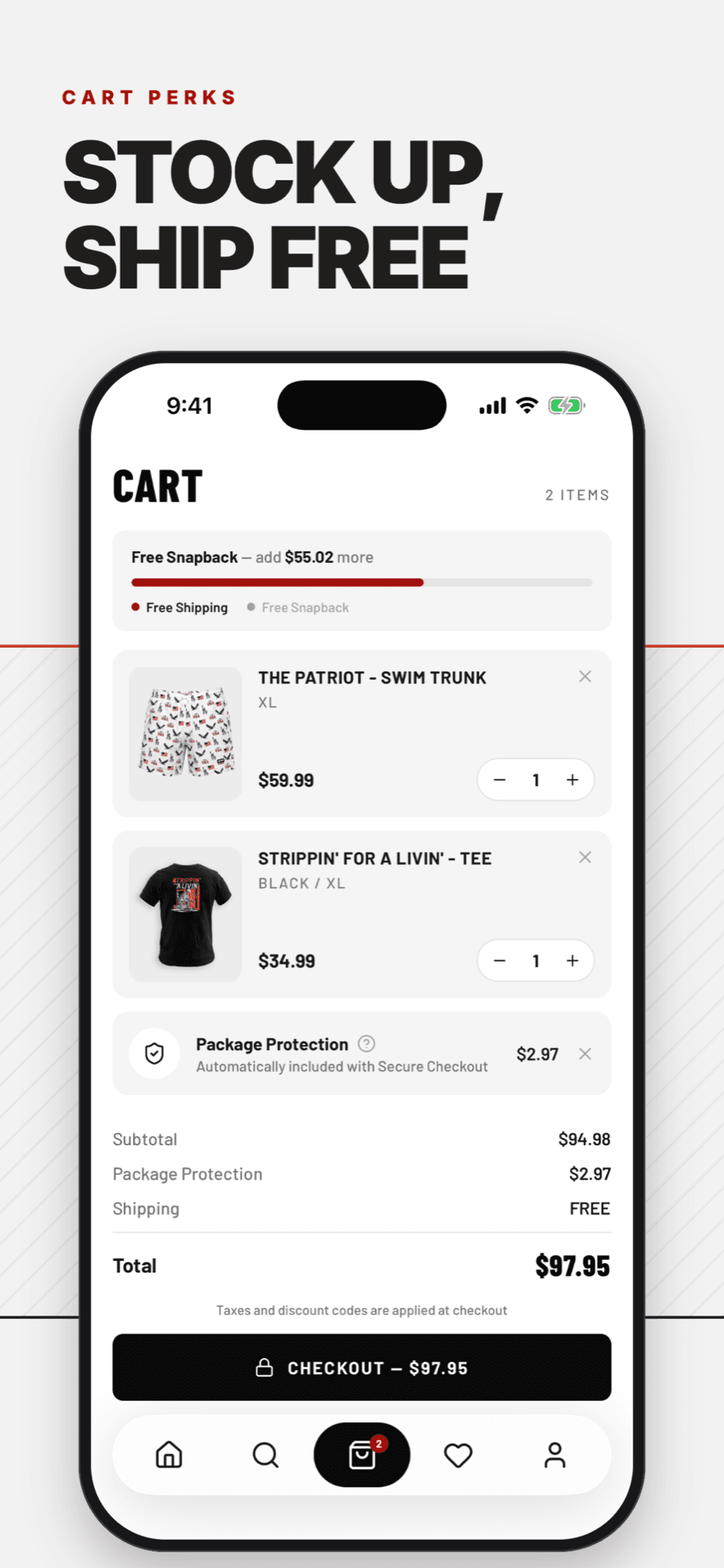 Stock up, ship free: the cart with the free shipping progress bar and checkout.