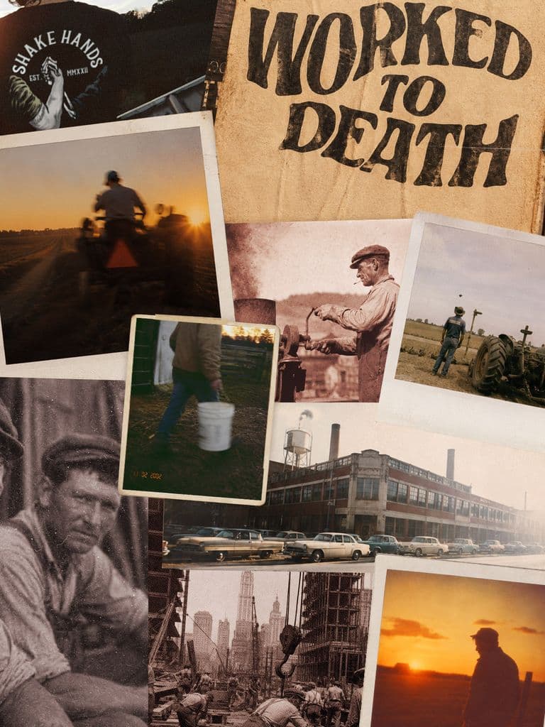 Collage of American workers — farming, factory, and construction photos under the Worked to Death banner